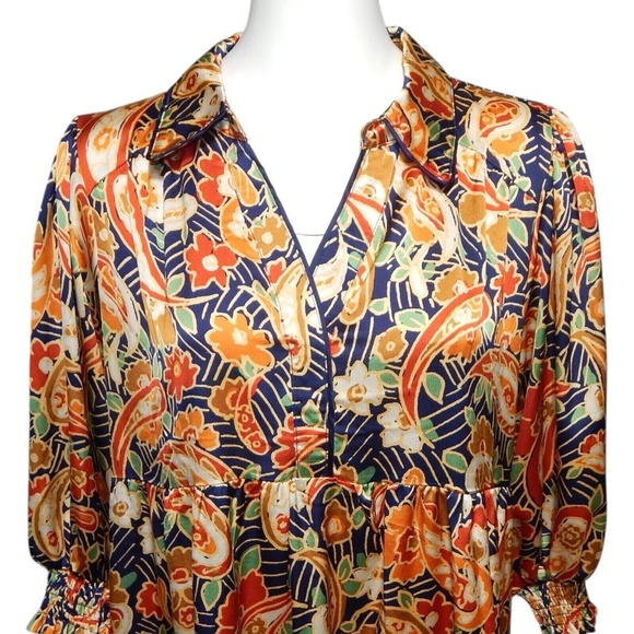 Umgee+ Julian Satin Paisley Midi Dress Size 1XL Blue Orange 3/4 Puff Sleeve - Picture 2 of 6